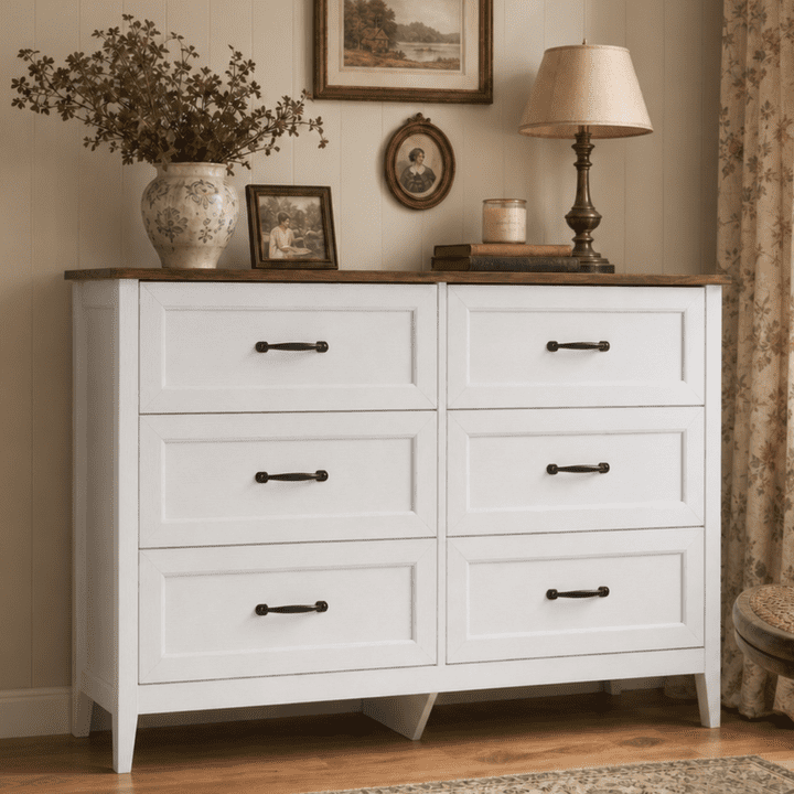 6 Drawer Dresser for Bedroom, White Dresser Double Chest of Drawers, modern Wood Dressers with Deep Drawers for Living Room, Bedroom - Rertro Desktop