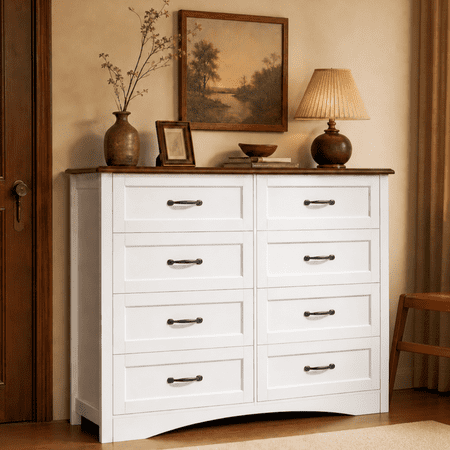 Aiho Farmhouse Dresser for Bedroom, 47.2" Wide 8 Drawer Dresser Storage Organizer, Wood Chest of Drawers for Bedroom, TV Stand for 50 inch TV, for Living Room, Hallway - Retro Desktop