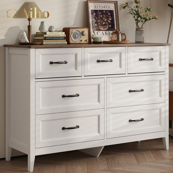 Aiho Farmhouse Dresser for Bedroom, 47.2" Wide 7 Drawer Dresser Storage Organizer, Wood Chest of Drawers for Bedroom, TV Stand for 50 inch TV, for Living Room, Hallway - Retro Desktop
