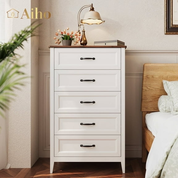 Aiho Farmhouse Dresser for Bedroom, Tall Wood Dresser with 5 Drawer, Chest of Drawers with Metal Handle for Living Room, Hallway, Closet - Retro Desktop