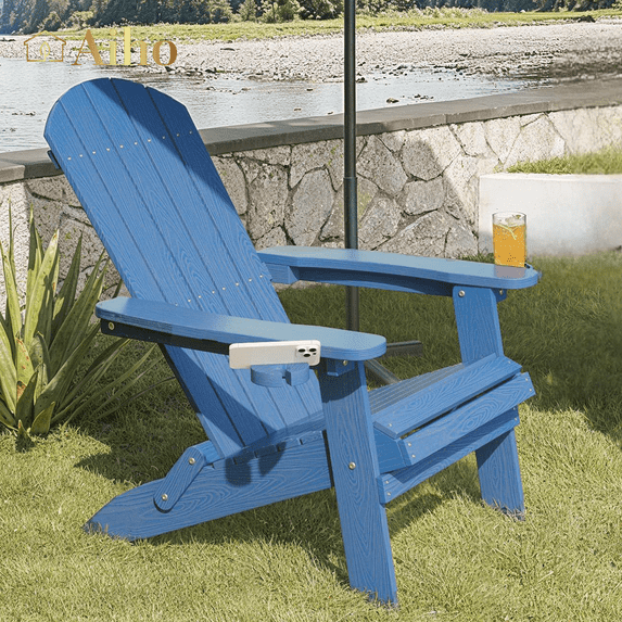 Aiho Folding Adirondack Chair, HIPS All-Weather Patio Chairs with Cup Holder, for Patio Garden Backyard Lawn Outdoors Fire Pit - Blue