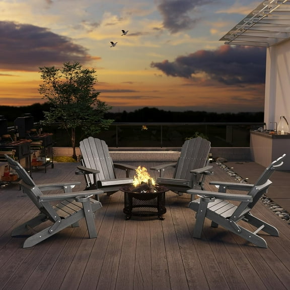 Aiho Folding Adirondack Chair with Pull-Out Ottoman & Cup Holder, Patio Garden Outdoor Recliner, Gray