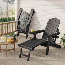 Aiho Folding Adirondack Chair with Pullout Ottoman and Adjustable Backrest with Cup Holder,Black
