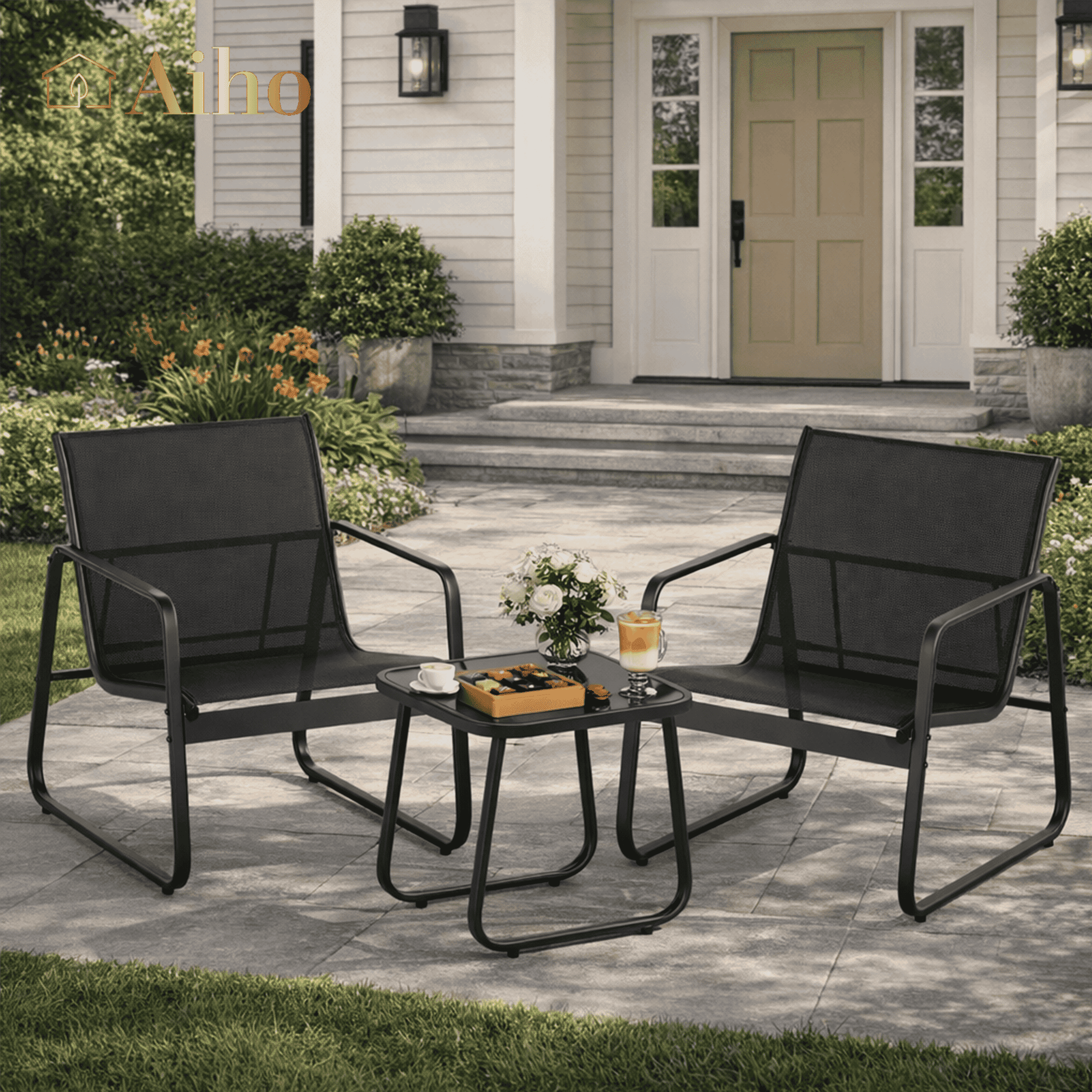 Patio Furniture Set, Aiho Outdoor Bistro Set with Glass Top Table, Textilene Patio Chairs Set for Poolside, Lawn, Black