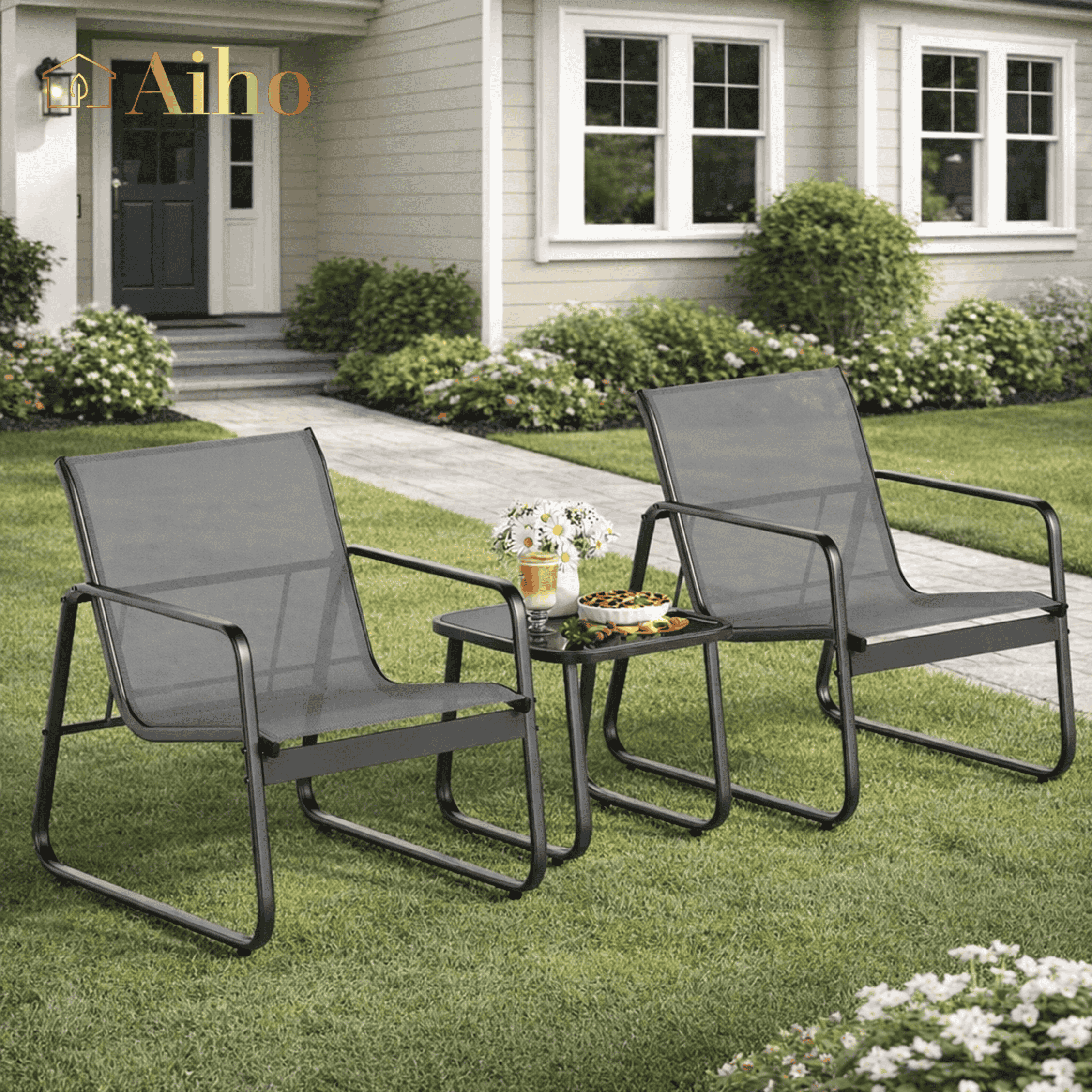 Patio Furniture Set, Aiho Outdoor Bistro Set with Glass Top Table, Textilene Patio Chairs Set for Poolside, Lawn, Gray
