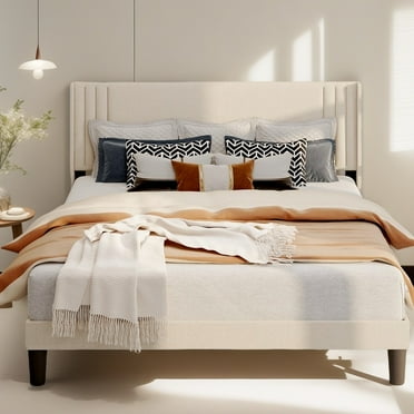 Aiho Full Bed Frame with Wingback Upholstered Headboard, Beige