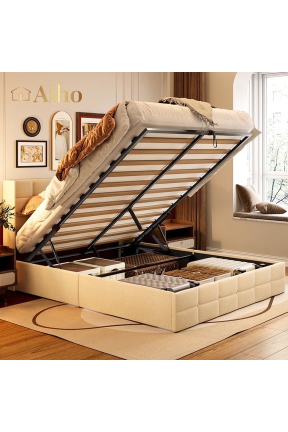 Full Lift Up Storage Bed, Full Size Bed Frame with Big Underneath Storage &Modern Wingback Headboard & No Box Spring Needed - Beige
