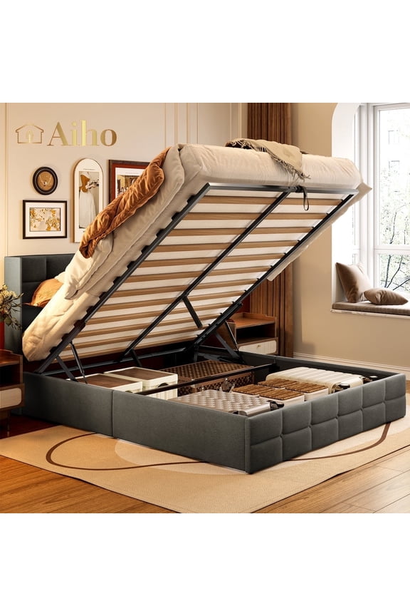 Full Lift Up Storage Bed, Full Size Bed Frame with Big Underneath Storage & Modern Wingback Headboard & No Box Spring Needed - Gray