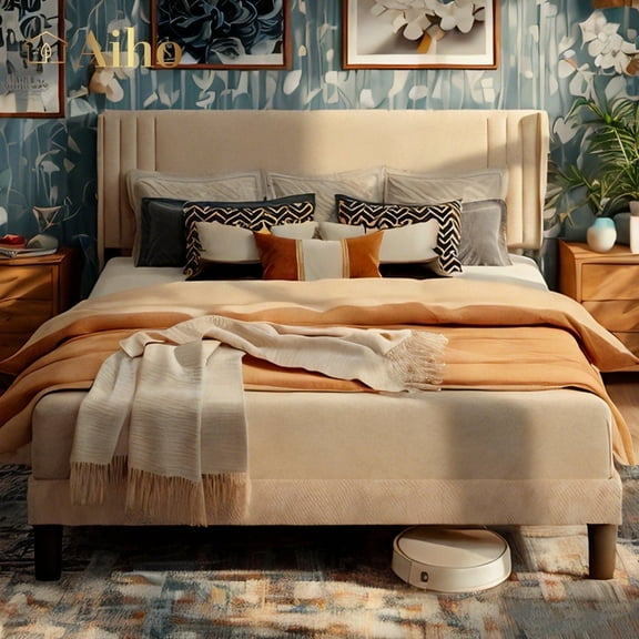 Aiho Full Size Bed Frame, Upholstered Platform Bed Frame with Sturdy Metal Frame, Modern Wingback Headboard - Beige
