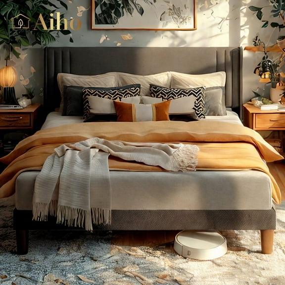 Aiho Full Size Bed Frame, Upholstered Platform Bed Frame with Sturdy Metal Frame, Modern Wingback Headboard - Dark Gray