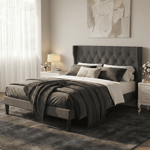 Aiho Full Size Bed Frame with Button Tufted Wingback Headboard for Bedroom, Gray