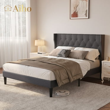 Aiho Full Size Bed Frame with Button Tufted Wingback Headboard for Bedroom, Gray
