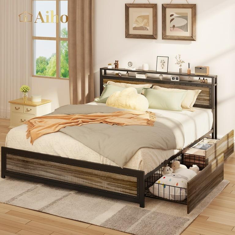 Aiho Full Size Metal Bed Frame with Drawers and Headboard for Bedroom Clearance Gray