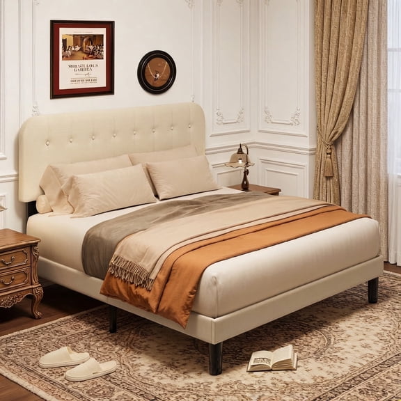 Upholstered Platform Bed Frame with Headboard, Sturdy Wooden Slats, Noise-Free, No Box Spring Needed, Easy Assembly, Modern Bedroom Furniture - Full, Beige