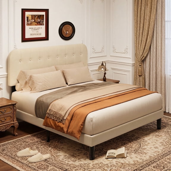 Upholstered Platform Bed Frame with Headboard, Sturdy Wooden Slats, Noise-Free, No Box Spring Needed, Easy Assembly, Modern Bedroom Furniture - Full, Beige