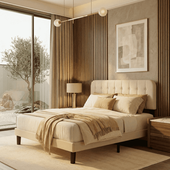 Upholstered Platform Bed Frame with Headboard, Sturdy Wooden Slats, Noise-Free, No Box Spring Needed, Easy Assembly, Modern Bedroom Furniture - Full, Beige