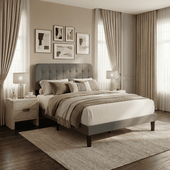 Upholstered Platform Bed Frame with Headboard, Sturdy Wooden Slats, Noise-Free, No Box Spring Needed, Easy Assembly, Modern Bedroom Furniture - Full, Dark Gray