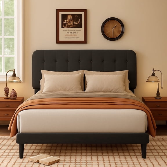 Upholstered Platform Bed Frame with Headboard, Sturdy Wooden Slats, Noise-Free, No Box Spring Needed, Easy Assembly, Modern Bedroom Furniture - Full, Dark Gray