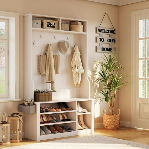 Aiho Hall Tree with Bench and Shoe Storage, 3-in-1 Entryway Hall Tree, with Adjustable Shoe Storage, for Entryway, Hallway, White