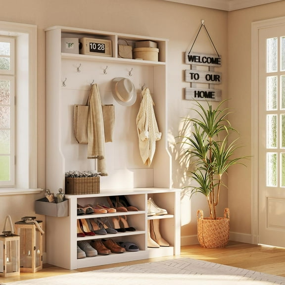 Aiho Hall Tree with Bench and Shoe Storage, 3-in-1 Entryway Hall Tree, with Adjustable Shoe Storage, for Entryway, Hallway, White