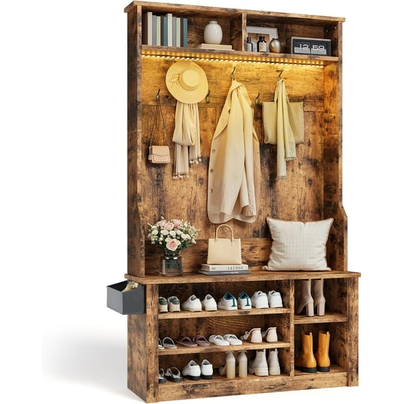 Aiho Hall Tree with Bench and Shoe Storage,5-in-1 Entryway Bench with Coat Rack, Adjustable LED Light, for Hallway, Living Room, Rustic Brown