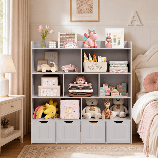 Aiho Kids Bookcase,Children's Book Shelf, 4 Drawers with wheels for Storage,Toddler Bookshelf for Nursery,Kids Rooms - Gray