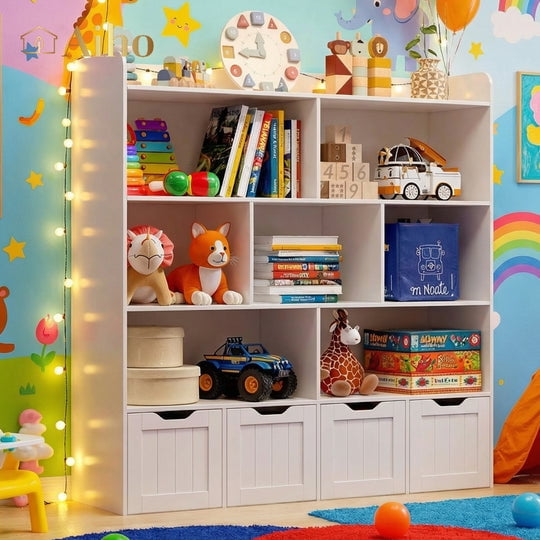 Aiho Kids Bookcase,Children's Book Shelf, 4 Drawers with wheels for Storage,Toddler Bookshelf for Nursery,Kids Rooms - White