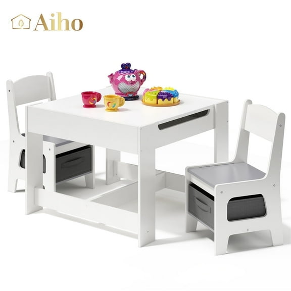 Aiho Kids Table and 2 Chairs Set, 4-in-1 Kids Table Set, Child Activity Desk with Chalkboard/Whiteboard - Gray