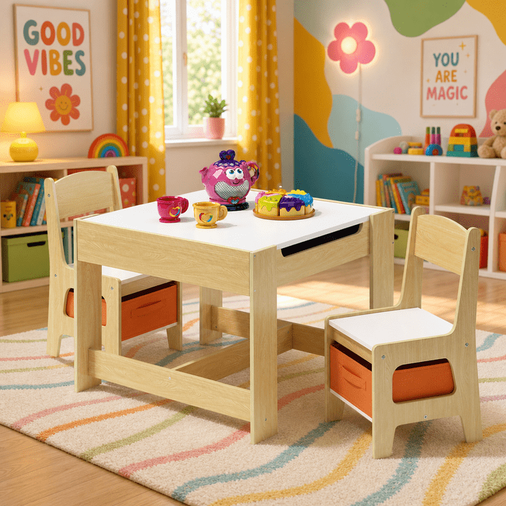 Aiho Kids Table and 2 Chairs Set, 4-in-1 Kids Table Set, Child Activity Desk with Chalkboard/Whiteboard - Retro