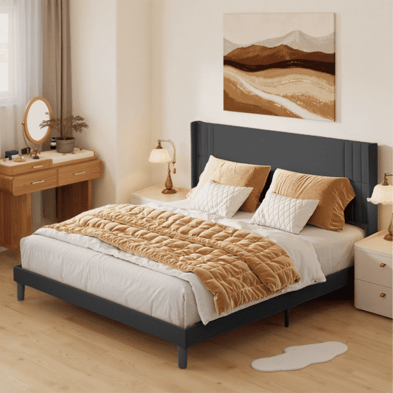 Aiho King Bed Frame with Storage & Wingback Headboard - Underbed Storage Platform Bed, No Box Spring Needed, Dark Grey