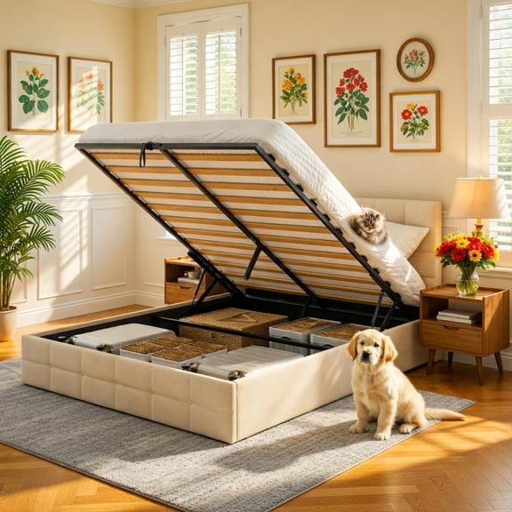Full Lift Up Storage Bed Frame, Upholstered Platform Bed with Wingback Headboard, Hydraulic Lift Support, Wood Slats, No Box Spring Needed, Beige