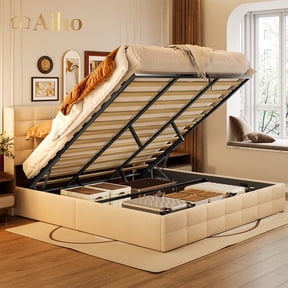 Aiho King Lift Up Storage Bed, Queen Size Bed Frame with Big Underneath Storage & Modern Wingback Headboard & No Box Spring Needed - Beige
