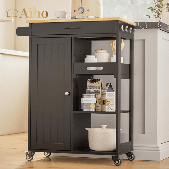 Aiho Kitchen Island Cart on Wheels with Towel Bar and Hooks, Rolling Mobile Serving Utility Cart with Drawer and Adjustable Shelves, Black