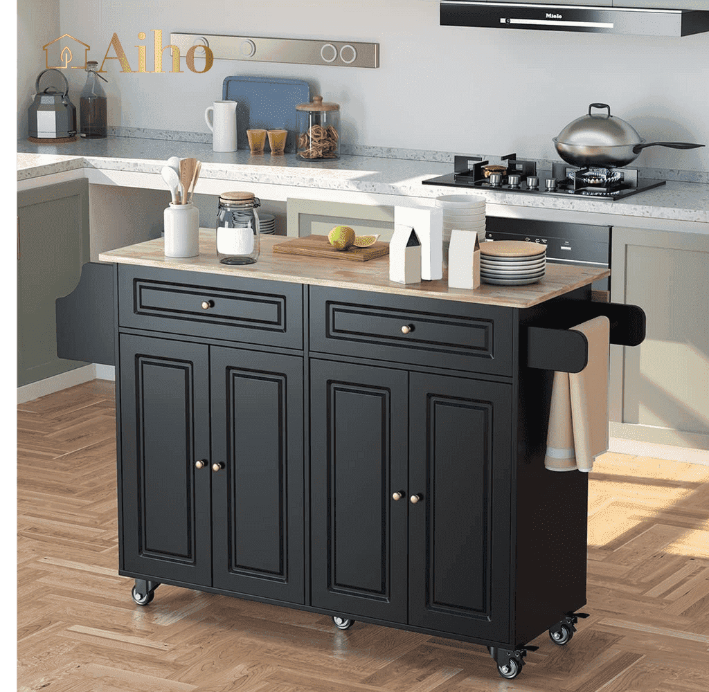 Aiho Kitchen Island with Storage, Mobile Kitchen Island Side Table on Wheels with Rubber Wood Drop-leaf Countertop , Side Rack and Drawer and for Kitchen,Dining Room - Black