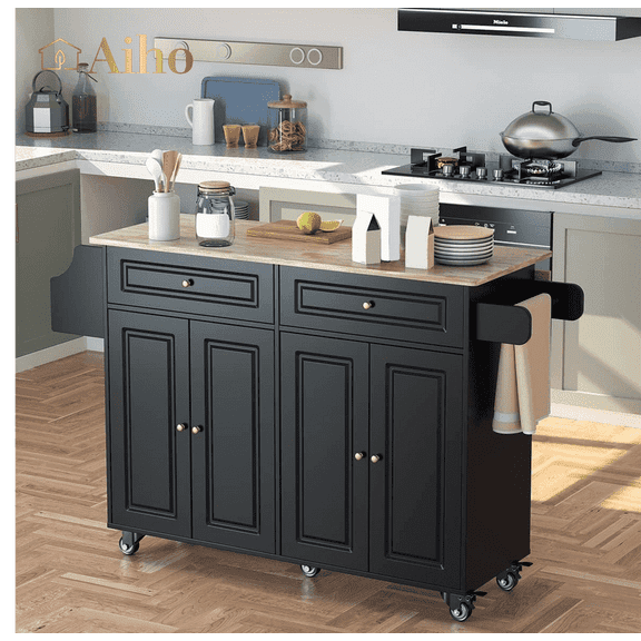 Aiho Kitchen Island with Storage, Mobile Kitchen Island Side Table on Wheels with Rubber Wood Drop-leaf Countertop , Side Rack and Drawer and for Kitchen,Dining Room - Black