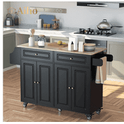 Aiho Kitchen Island with Storage, Mobile Kitchen Island Side Table on Wheels with Rubber Wood Drop-leaf Countertop , Side Rack and Drawer and for Kitchen,Dining Room - Black