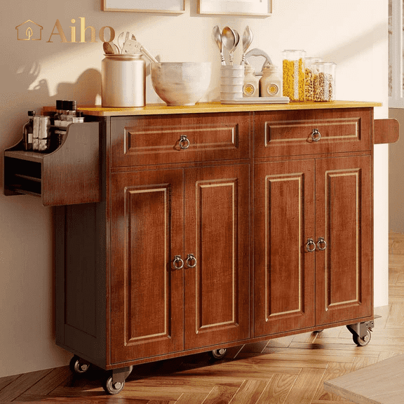 Aiho Kitchen Island with Storage, Mobile Kitchen Island Side Table on Wheels with Rubber Wood Drop-leaf Countertop , Side Rack and Drawer and for Kitchen,Dining Room - Brown