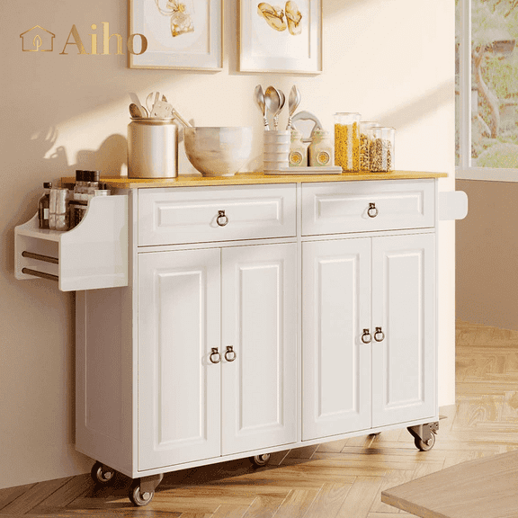 Aiho Kitchen Island with Storage, Mobile Kitchen Island Side Table on Wheels with Rubber Wood Drop-leaf Countertop , Side Rack and Drawer and for Kitchen,Dining Room - White