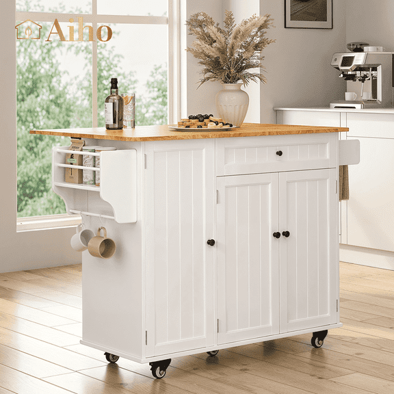Aiho Kitchen Island with Storage, Mobile Kitchen Pantry Storage Cabinet with Drop LeafDoor and Shelves for Kitchen,Dining Room and Bathroom - White