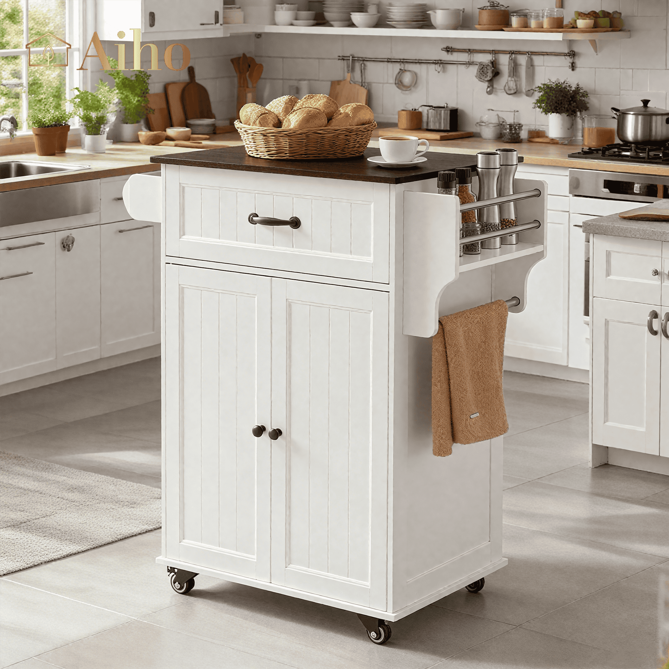 Aiho Kitchen Island with Storage, Microwave Stand with Worktop, Spice ...