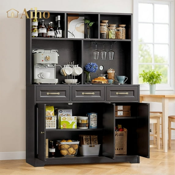 Aiho Kitchen Pantry Cabinet with Countertop Kitchen Hutch Storage Cabinet 60" Tall Pantry Coffee Bar with Storage, Modern Kitchen Hutch with Microwave Stand for Dining Room, Kitchen - Black