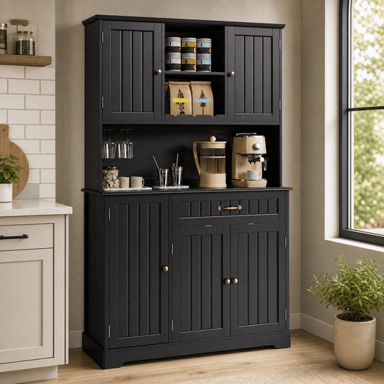 Aiho Kitchen Pantry Cabinet with Countertop Kitchen Hutch Storage Cabinet 67" Tall Pantry Coffee Bar with Storage, Modern Kitchen Hutch with Microwave Stand for Dining Room, Kitchen - Black