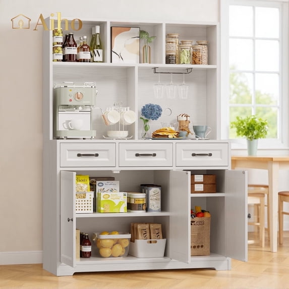 Aiho Kitchen Pantry Cabinet with Countertop Kitchen Hutch Storage Cabinet 60" Tall Pantry Coffee Bar with Storage, Modern Kitchen Hutch with Microwave Stand for Dining Room, Kitchen - White