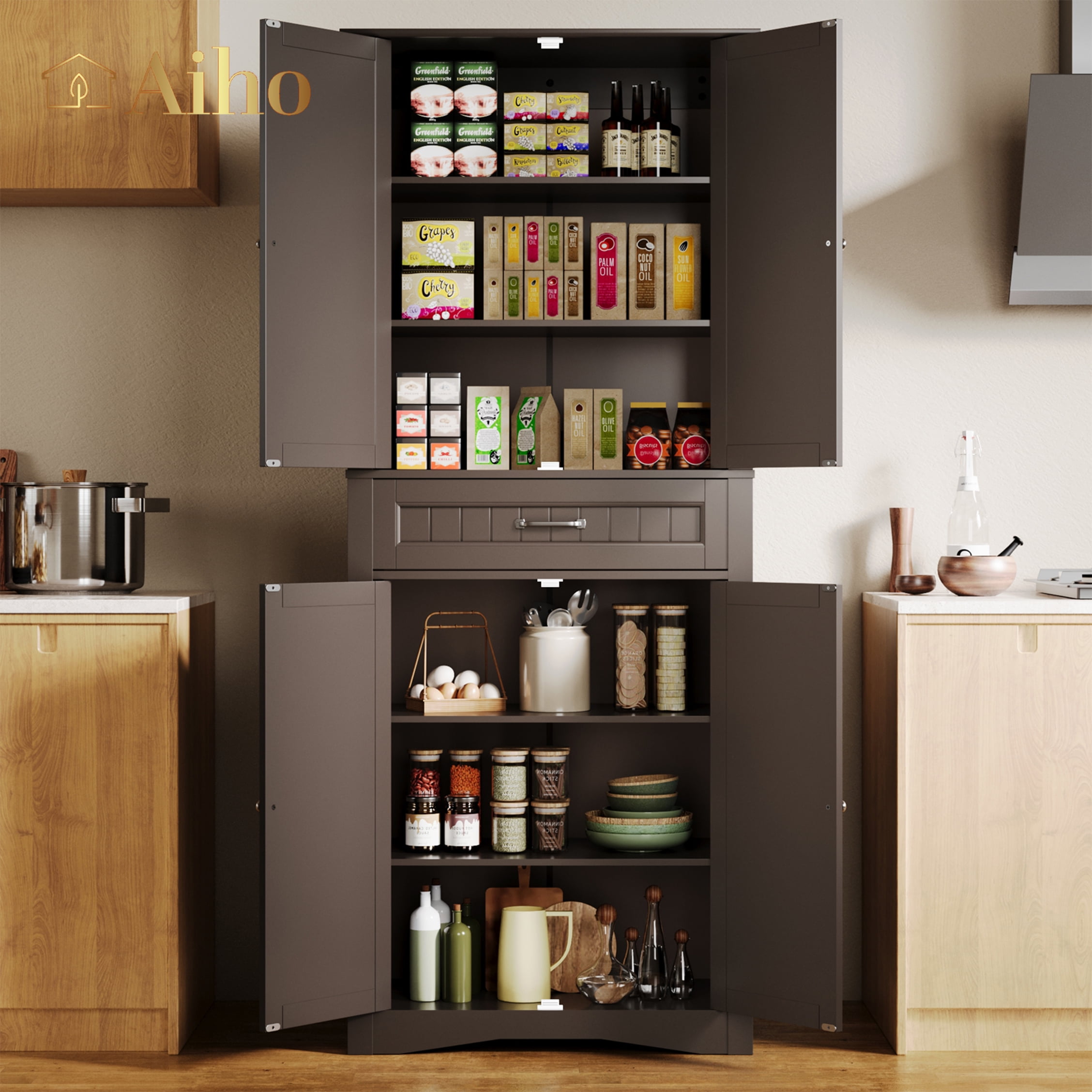 Aiho 71'' Wooden Pantry Cupboard Storage with 4 Doors and Adjustable ...