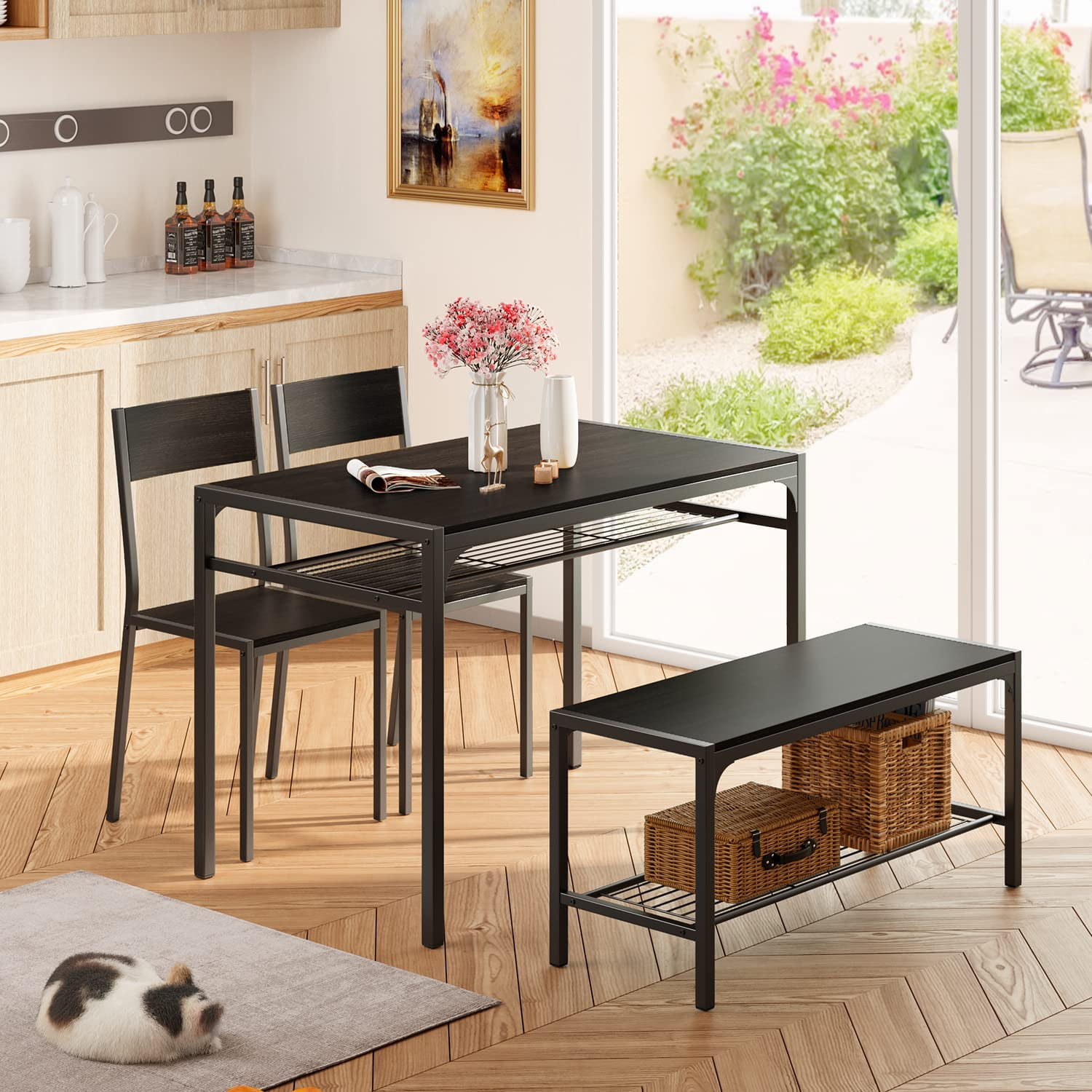 Aiho Kitchen Table with 2 Chairs and Bench for 4 with Storage Rack Black