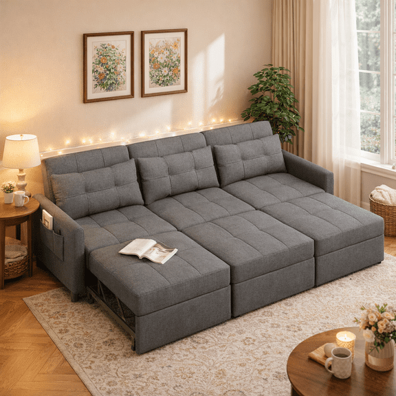 Convertible Sofa Bed, 3 Seater Sectional Sleeper Sofa with Adjustment Backrest & Side Pocket, Pull out Couch for Living Room, Bedroom, Apartment, Dark Gray