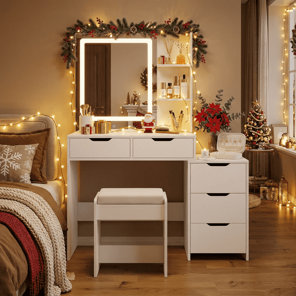 Aiho Makeup Dressing Table with Lighted Mirror - 3 Adjustable Color Modes, 5 Drawers & Storage Shelves, Vanity Set for Bedroom - White