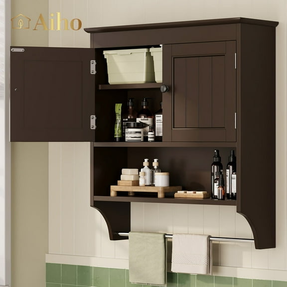Aiho Medicine Cabinet Bathroom Organizer, Double Door Wall Mounted Storage Mirror Cabinet with Adjustable Shelves - Dark Brown