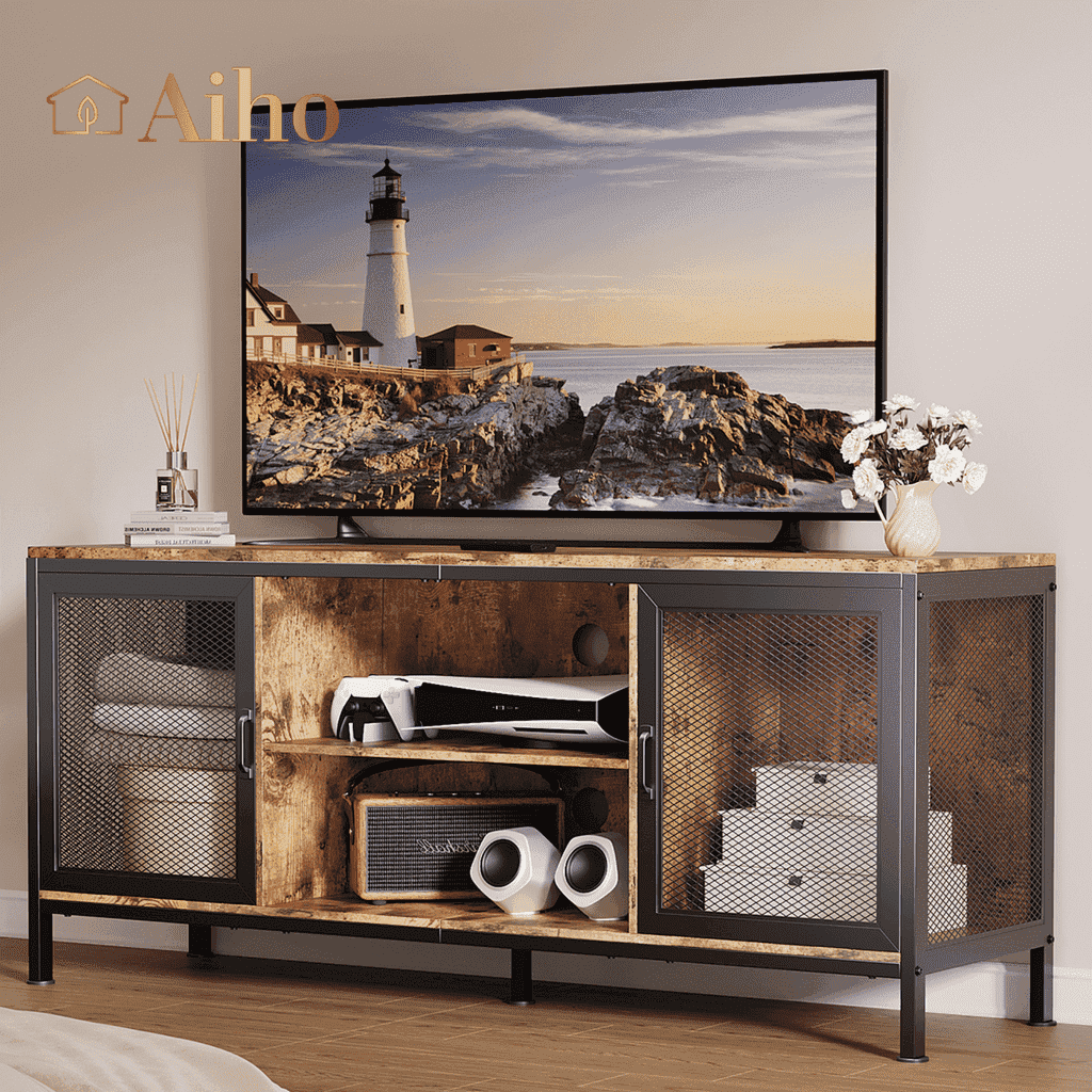 Aiho Ironwood TV Stand, for TVs up to 65" with adjuatable shelves - Retro