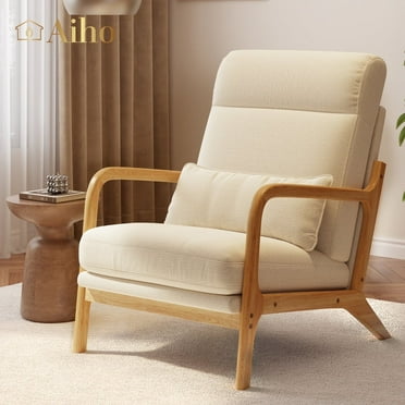 Aiho Mid-Century Modern Accent Chair, Solid Wood Arm Chair with Wood Frame and Pillow, Fabric Upholstered Armchair Comfort Reading Chair Lounge Chair for Living Room Bedroom Guest Room - Beige